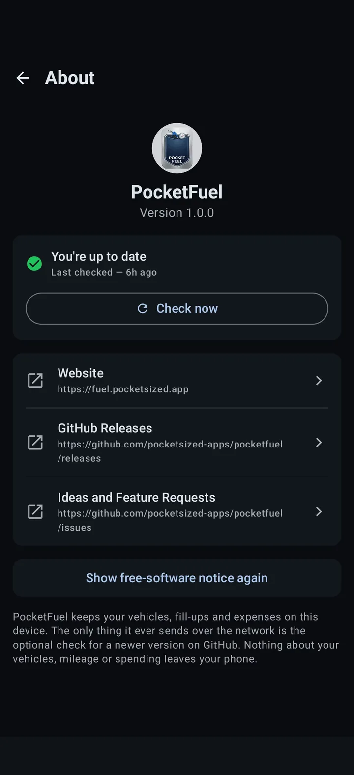 About screen in PocketFuel