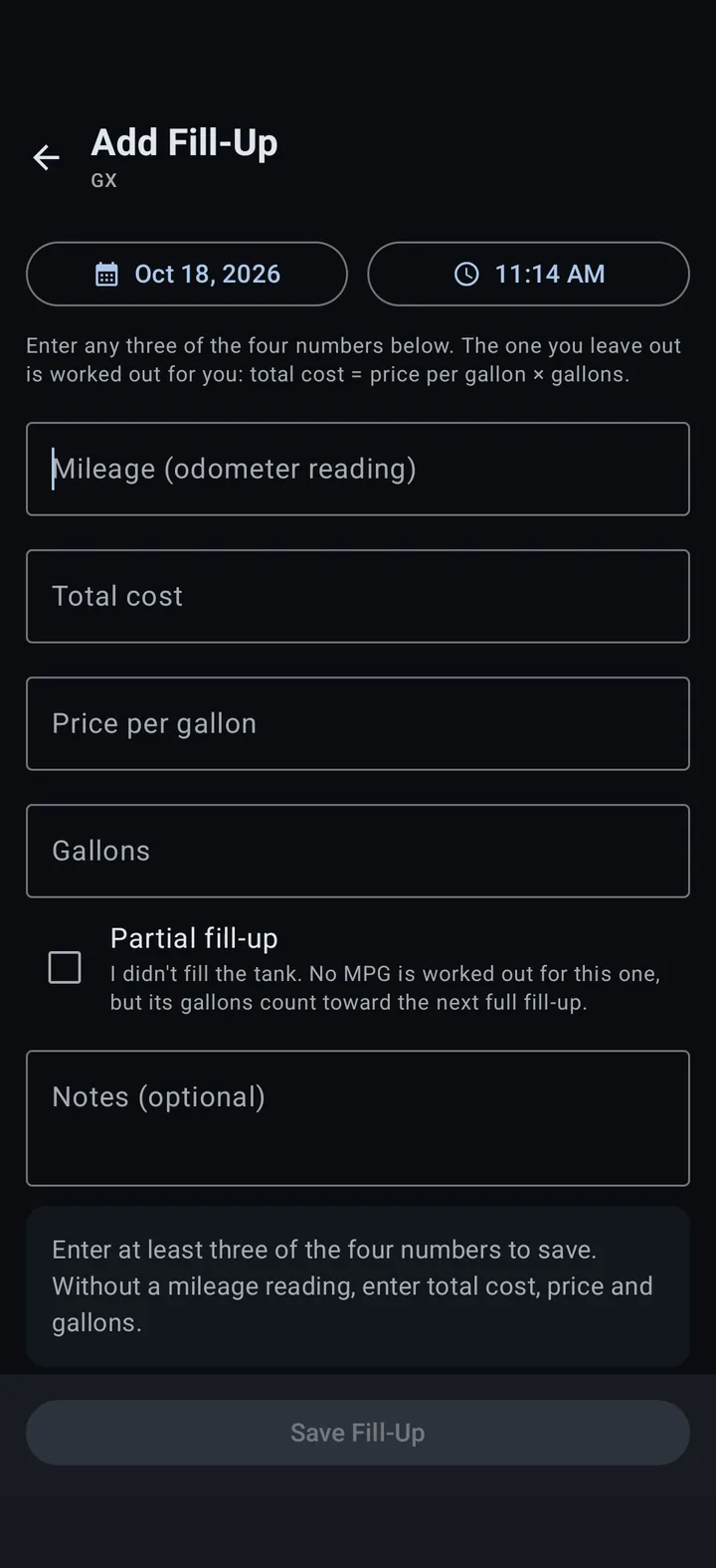 Add fill-up screen in PocketFuel