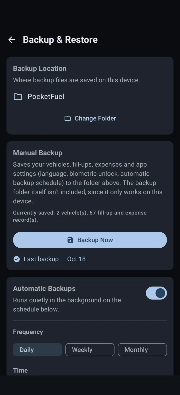 Backup & restore screen in PocketFuel