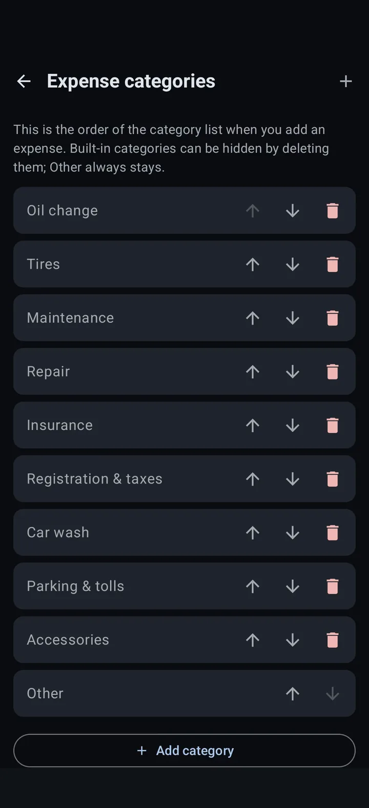 Expense categories screen in PocketFuel