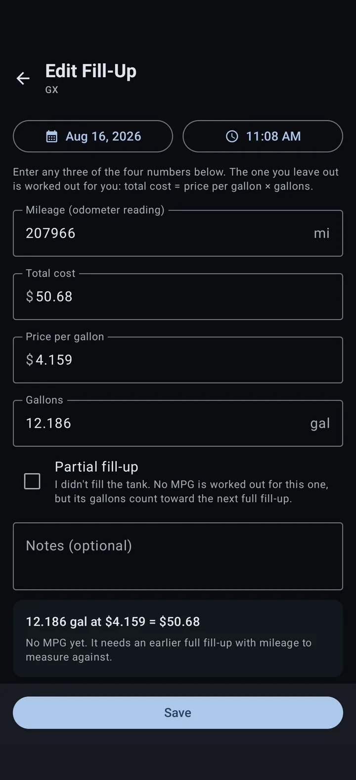 Edit fill-up screen in PocketFuel