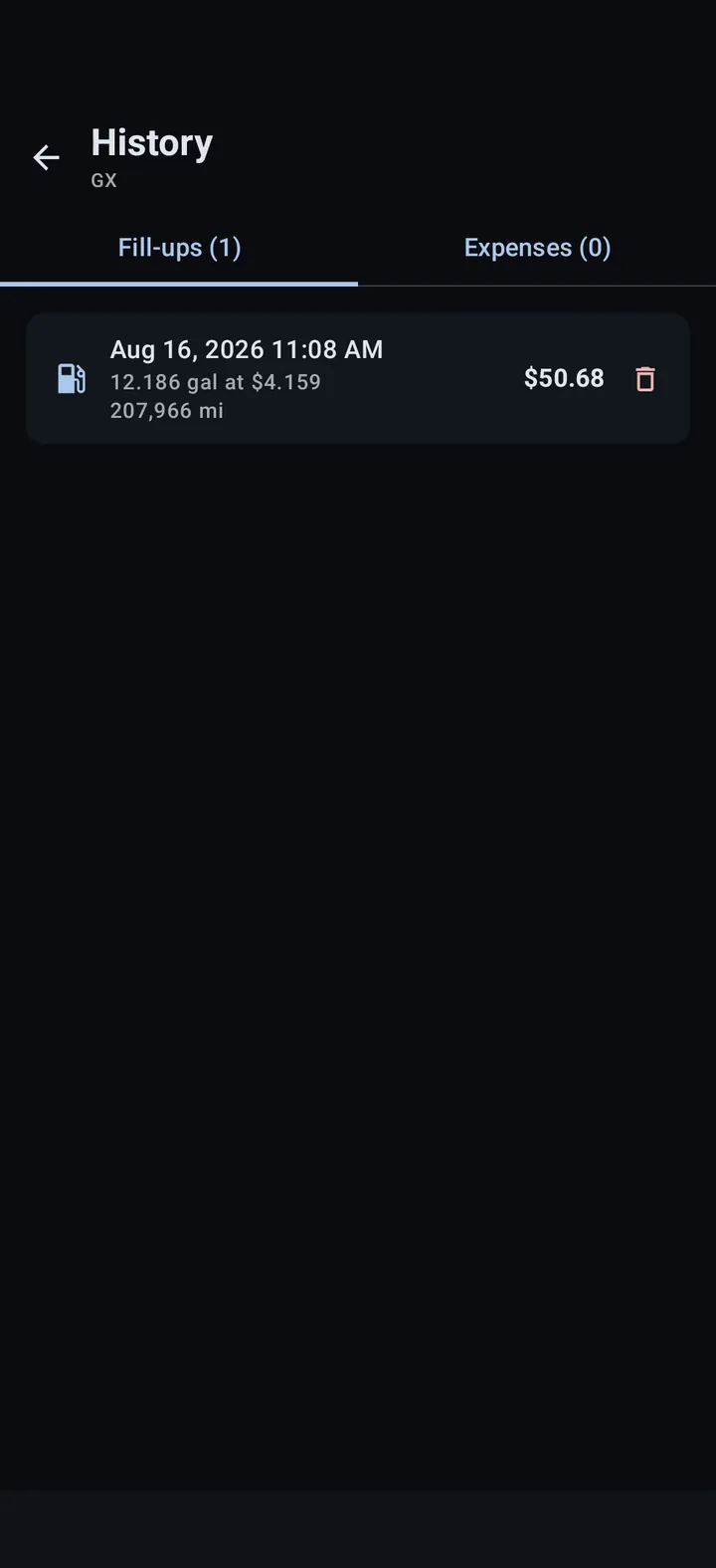 History screen in PocketFuel