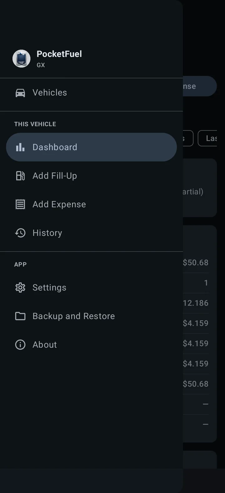 Menu screen in PocketFuel