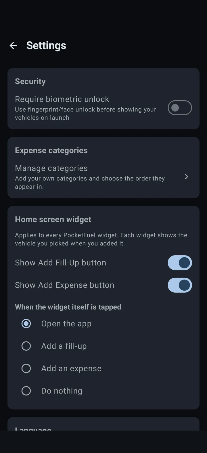 Settings screen in PocketFuel